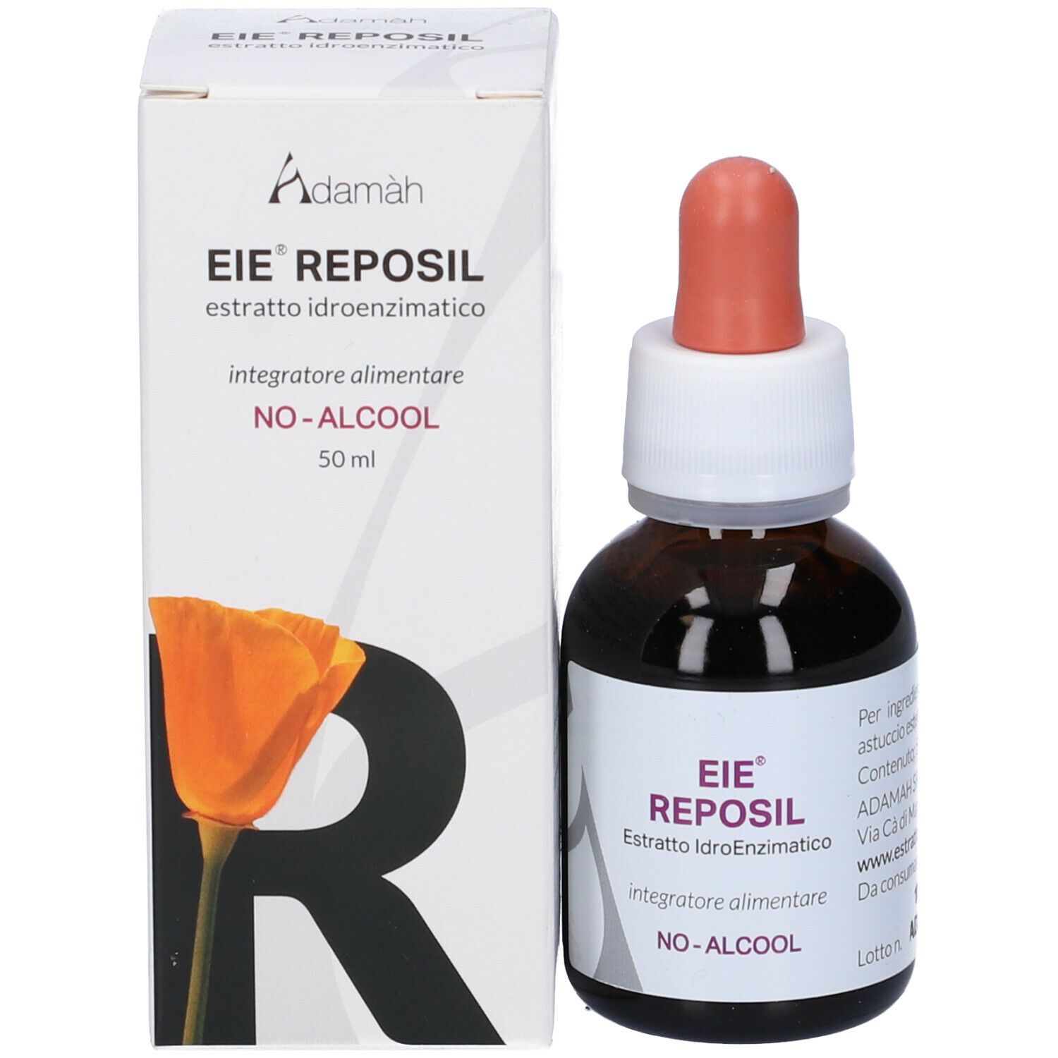 Flacone e confezione del prodotto. Stampa: Adamàh, EIE Reposil, estratto, 50 ml, NO-ALCOOL. Tettarella in gomma rossa.