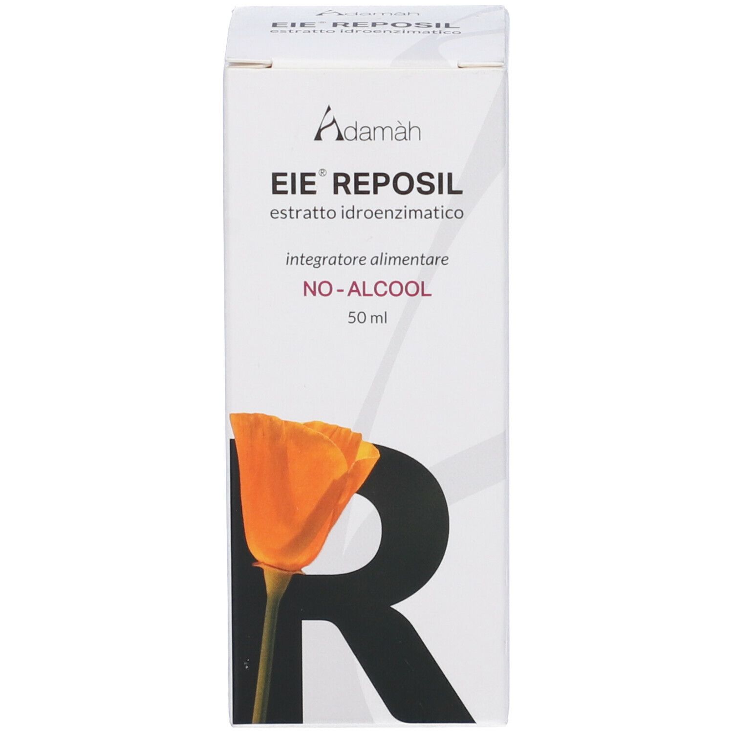 Scatola con stampa del prodotto. Stampa: Adamàh, EIE Reposil, estratto, 50 ml, NO-ALCOOL. Illustrazione di un fiore.