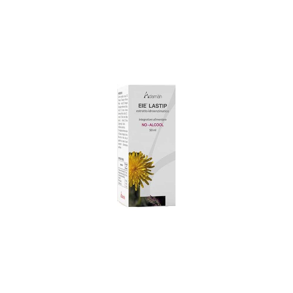 Scatola bianca con nome prodotto e fiore giallo. Testo: EIE Lastip, NO-ALCOOL.