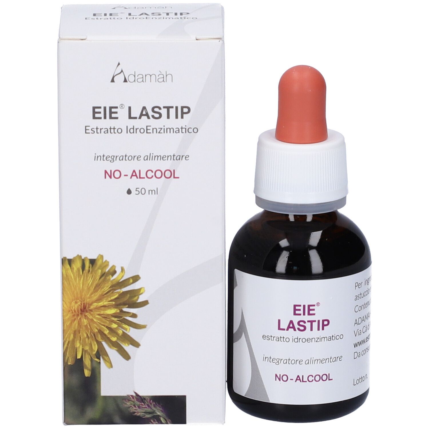 Flacone e scatola. Flacone con contagocce, etichetta. Scatola con nome e fiore.