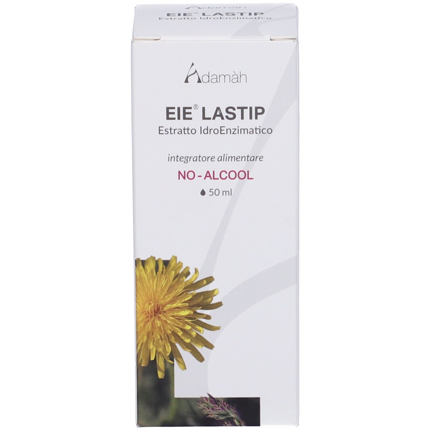 Scatola bianca con nome prodotto e fiore giallo. Testo: EIE Lastip, NO-ALCOOL.