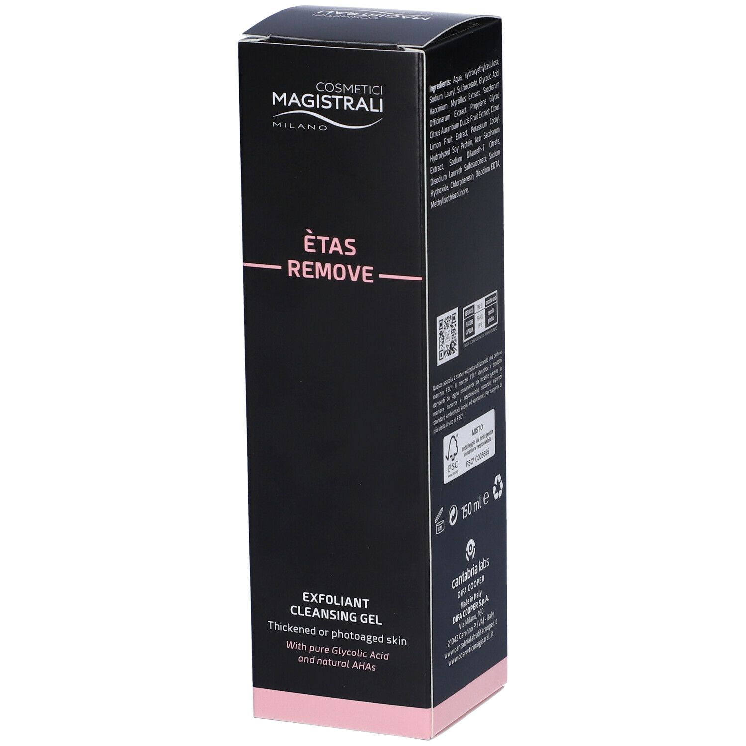 Confezione nera con accenti rosa. Scritta: Cosmetici Magistrali, Ètas Remove, Exfoliant Cleansing Gel.