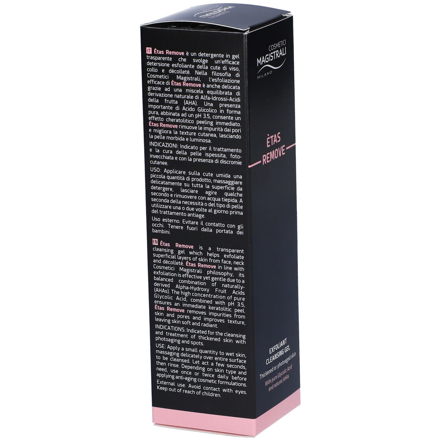 Confezione nera con testo. Scritta: Cosmetici Magistrali, Ètas Remove, Exfoliant Cleansing Gel. Testo in italiano e inglese.