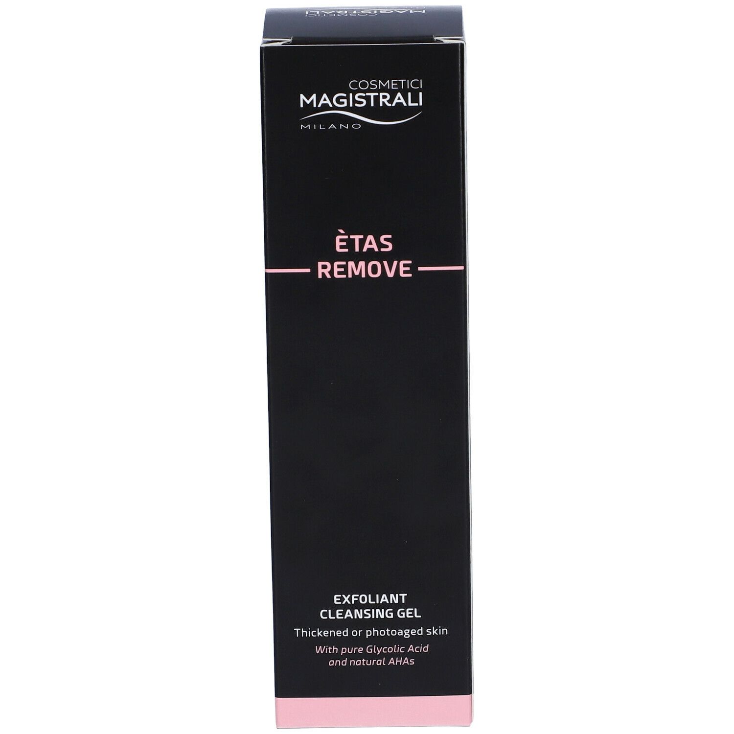 Confezione nera con testo. Scritta: Cosmetici Magistrali, Ètas Remove, Exfoliant Cleansing Gel.