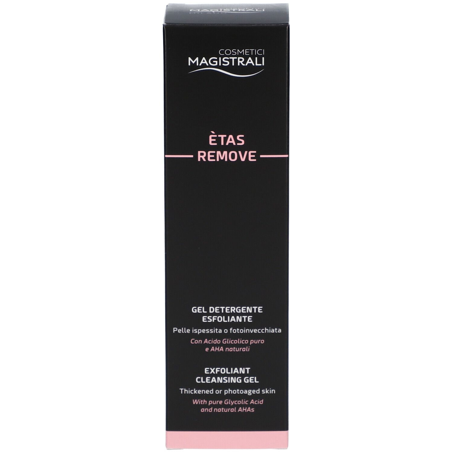Confezione nera con testo. Scritta: Cosmetici Magistrali, Ètas Remove, Gel Detergente Esfoliante.