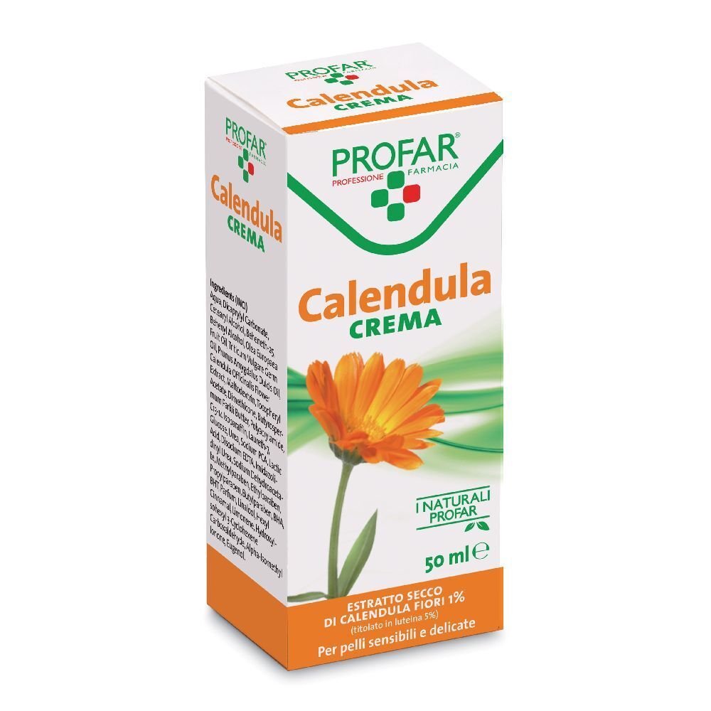 Confezione di Calendula Crema. Scritta: PROFAR, Calendula Crema, 50 ml. Illustrazione di un fiore di calendula.