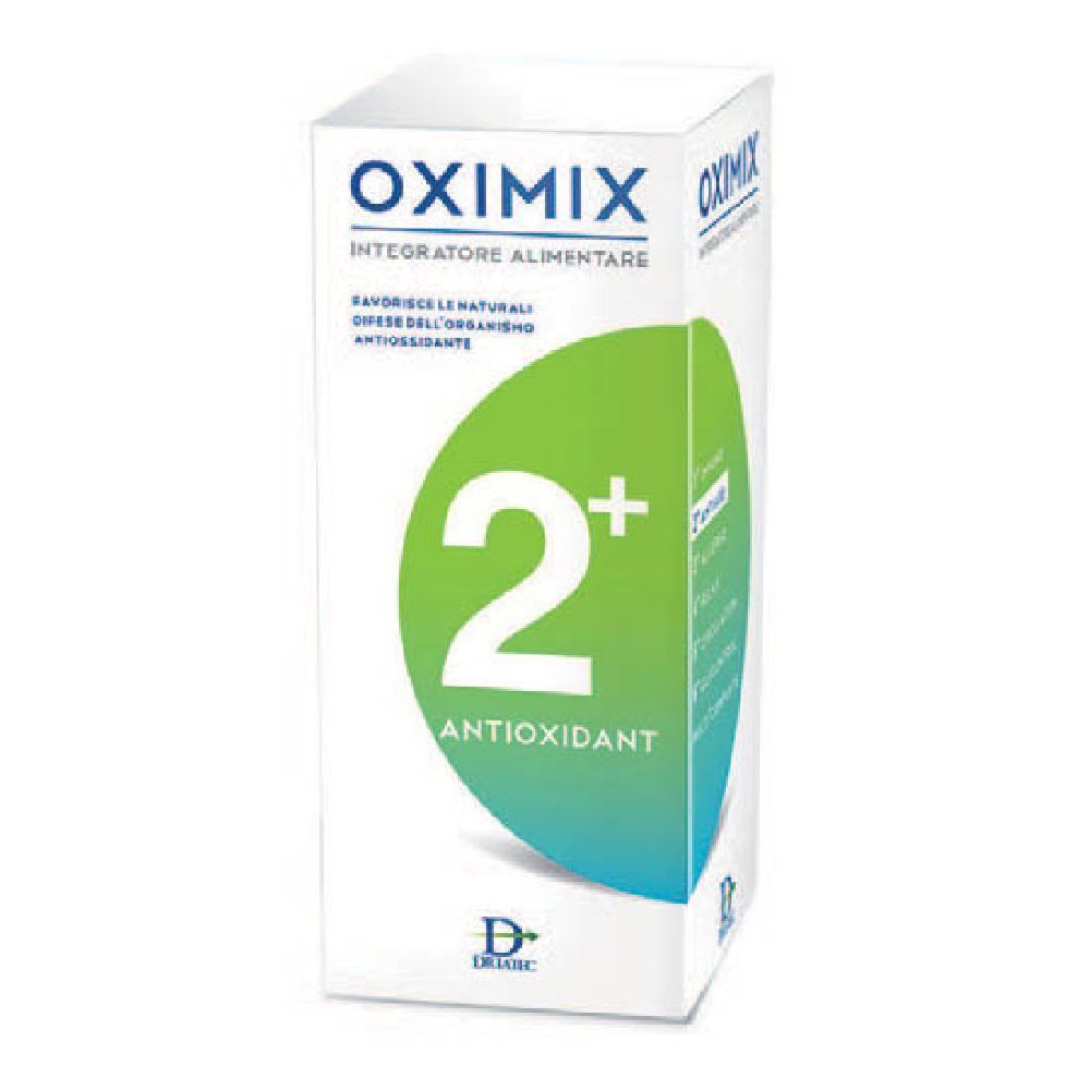 Scatola bianca Oximix 2+ Antioxidant. Grafica verde-blu con "2+" e "Antioxidant". Testo: "Integratore Alimentare".