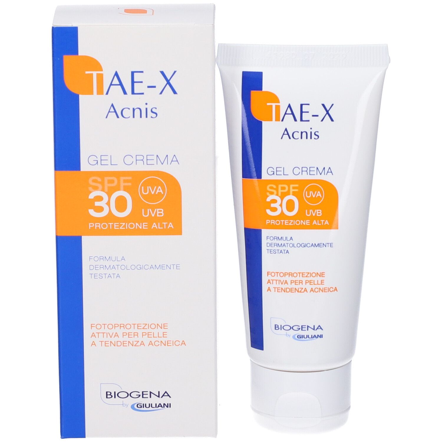 Produktverpackung: Tube und Schachtel. TAE-X Acnis Gel Creme SPF 30. Orangefarbene und blaue Beschriftung. BIOGENA-Logo.