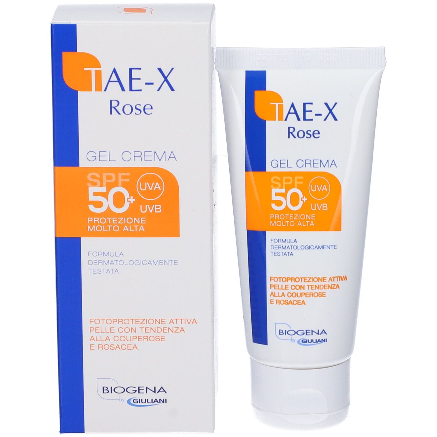 Scatola e tubo bianchi con TAE-X Rose Gel Crema SPF50+. Dettagli arancioni. Prodotti affiancati.