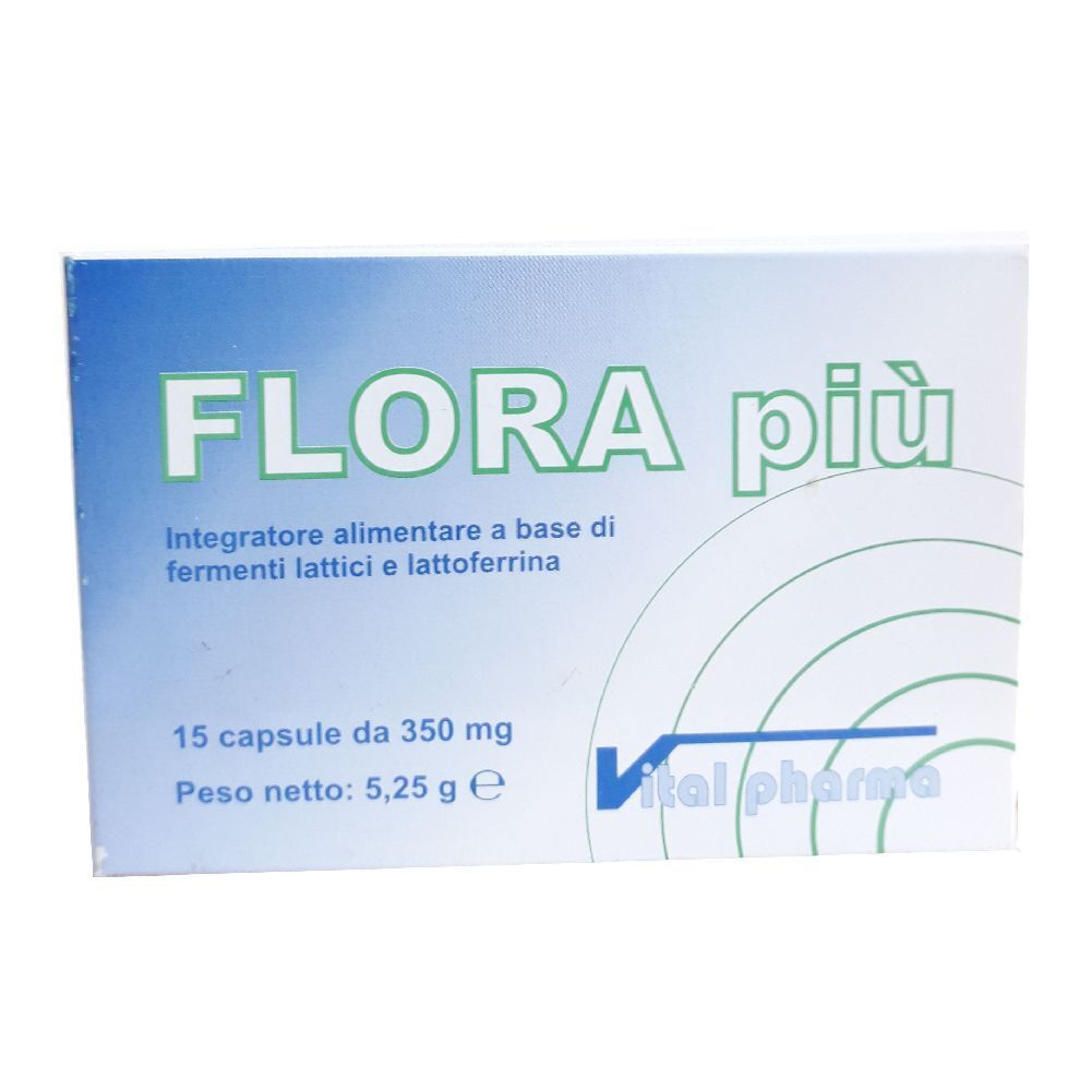 Scatola "FLORA più". Contiene 15 capsule. Scritto: Integratore alimentare a base di fermenti lattici e lattoferrina. Marchio: Vital pharma.