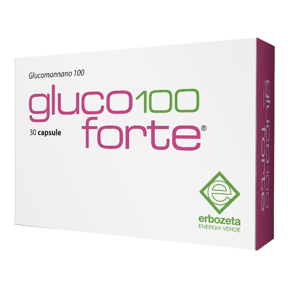 Scatola bianca con logo « Gluco 100 Forte ». 30 capsule. Logo verde « Erbozeta ». Dettagli viola.