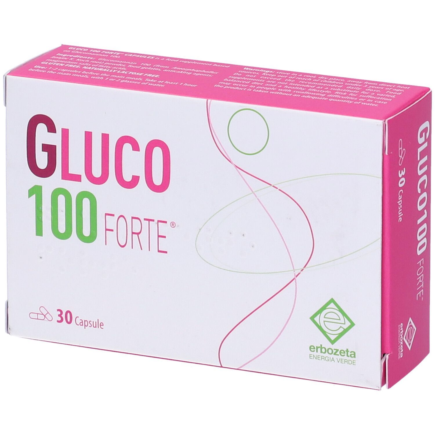 Confezione con logo « Gluco 100 Forte ». 30 capsule. Logo verde « Erbozeta ». Dettagli rosa e bianchi.