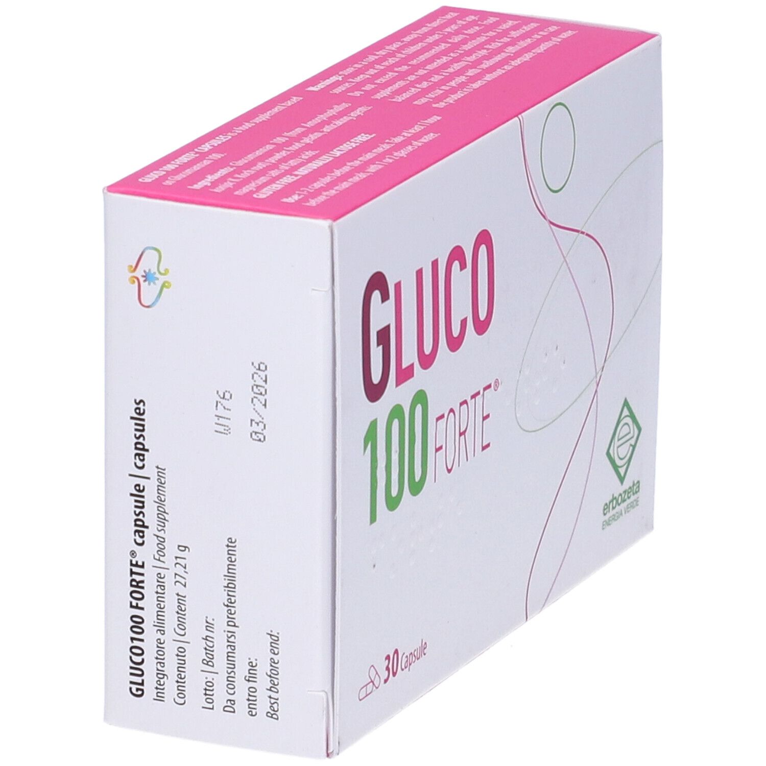 Scatola con logo « Gluco 100 Forte ». 30 capsule. Logo verde « Erbozeta ». Dettagli rosa e bianchi.
