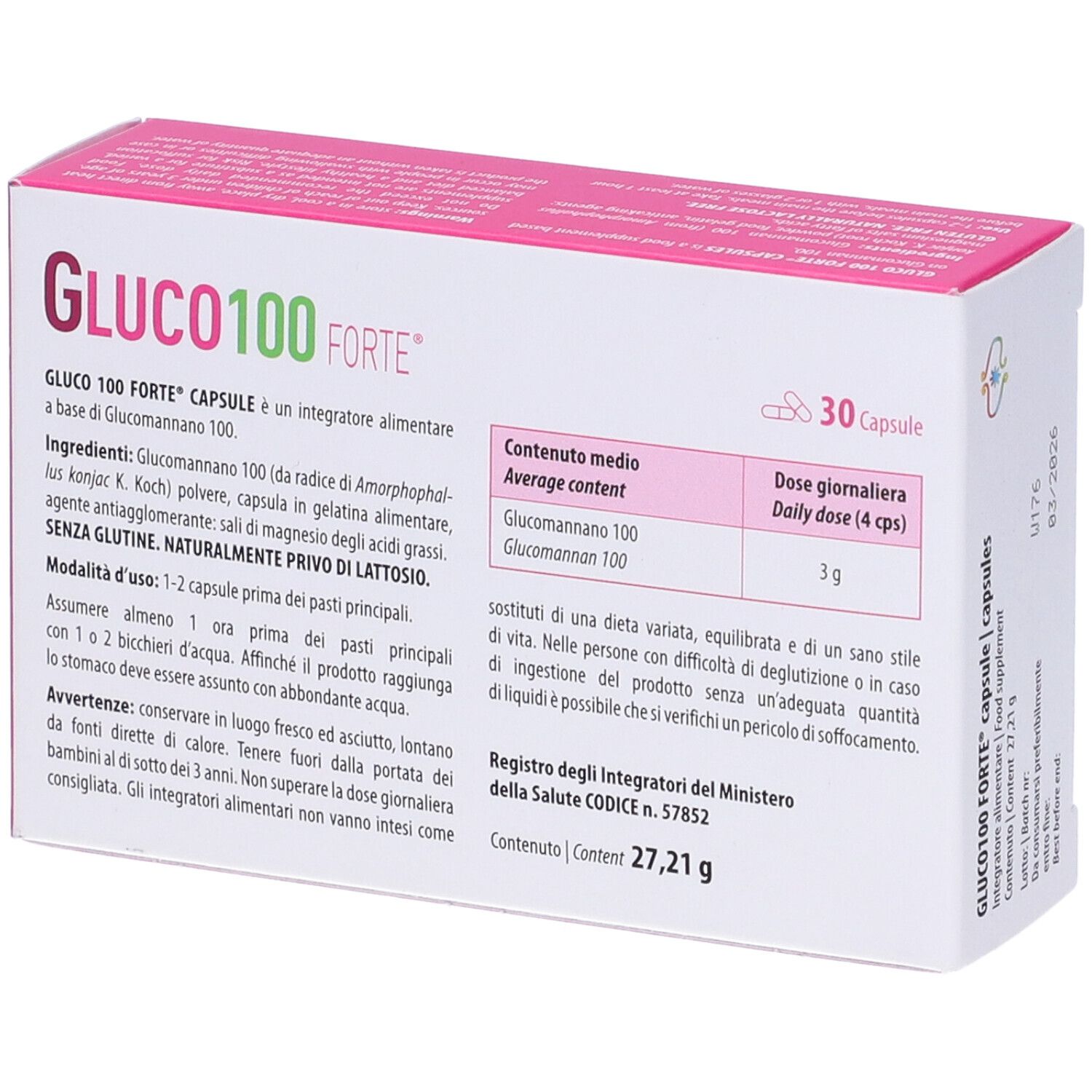 Confezione con logo « Gluco 100 Forte ». 30 capsule. Logo verde « Erbozeta ». Dettagli rosa e bianchi.