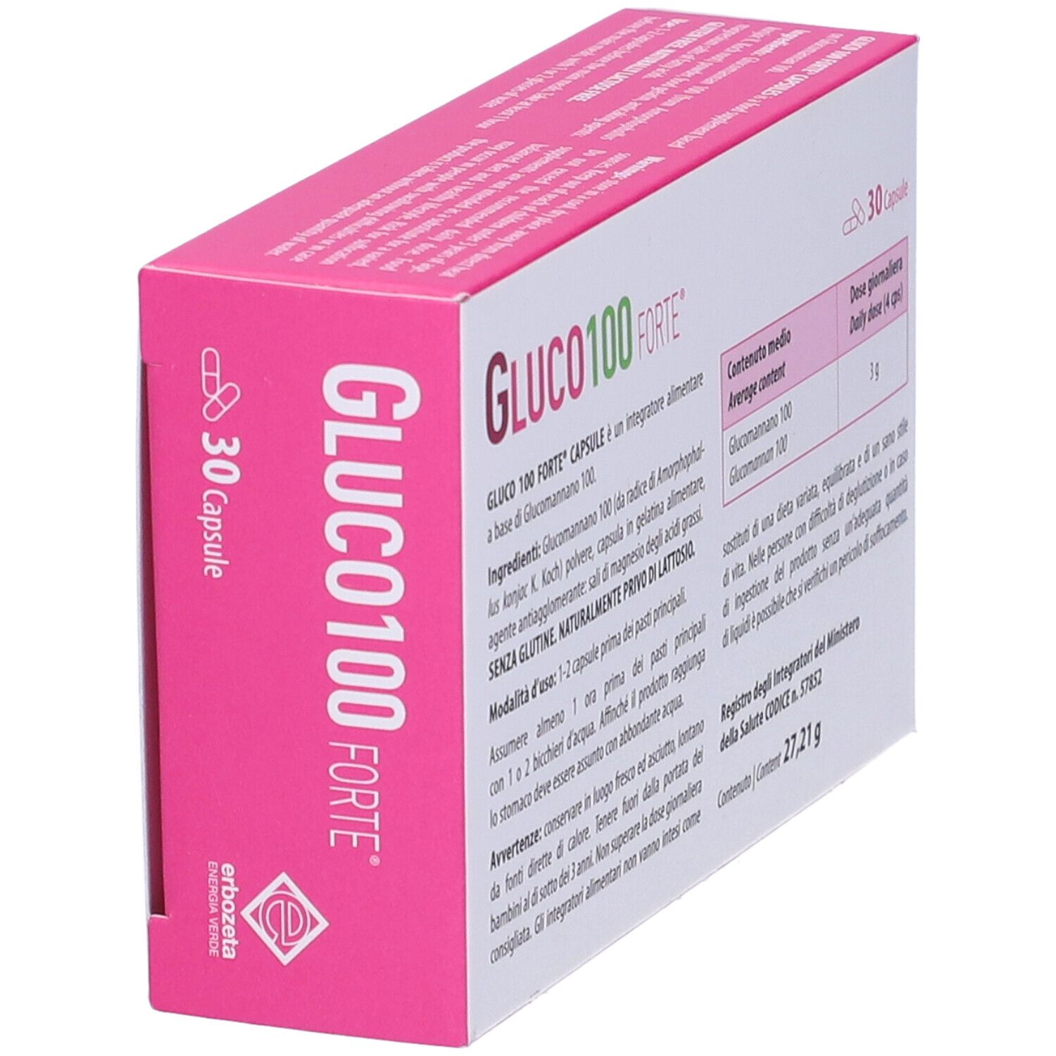 Scatola con logo « Gluco 100 Forte ». 30 capsule. Logo verde « Erbozeta ». Dettagli rosa e bianchi.