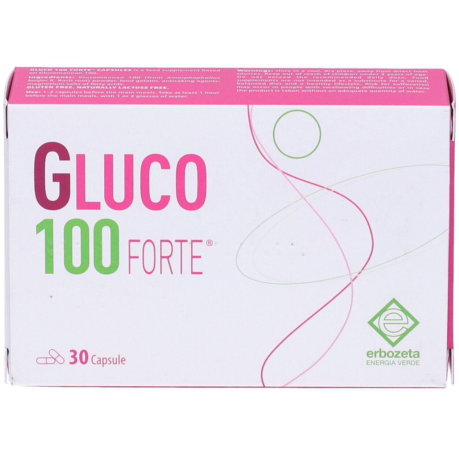 Confezione con logo « Gluco 100 Forte ». 30 capsule. Logo verde « Erbozeta ». Dettagli rosa e bianchi.