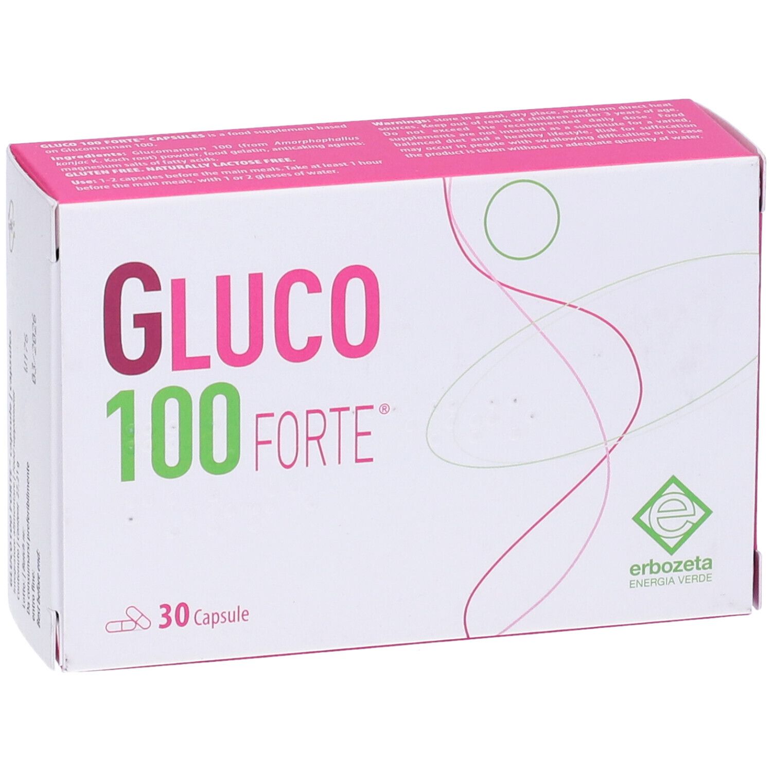 Scatola con logo « Gluco 100 Forte ». 30 capsule. Logo verde « Erbozeta ». Dettagli rosa e bianchi.