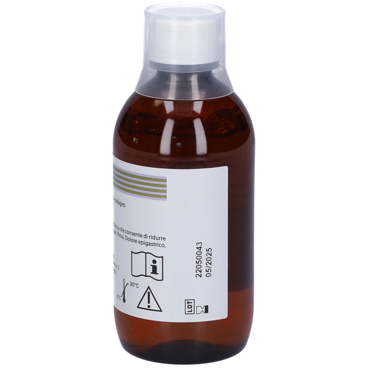 Flacone marrone con tappo bianco. Etichetta con informazioni e simboli di avvertimento. Marchio CE.