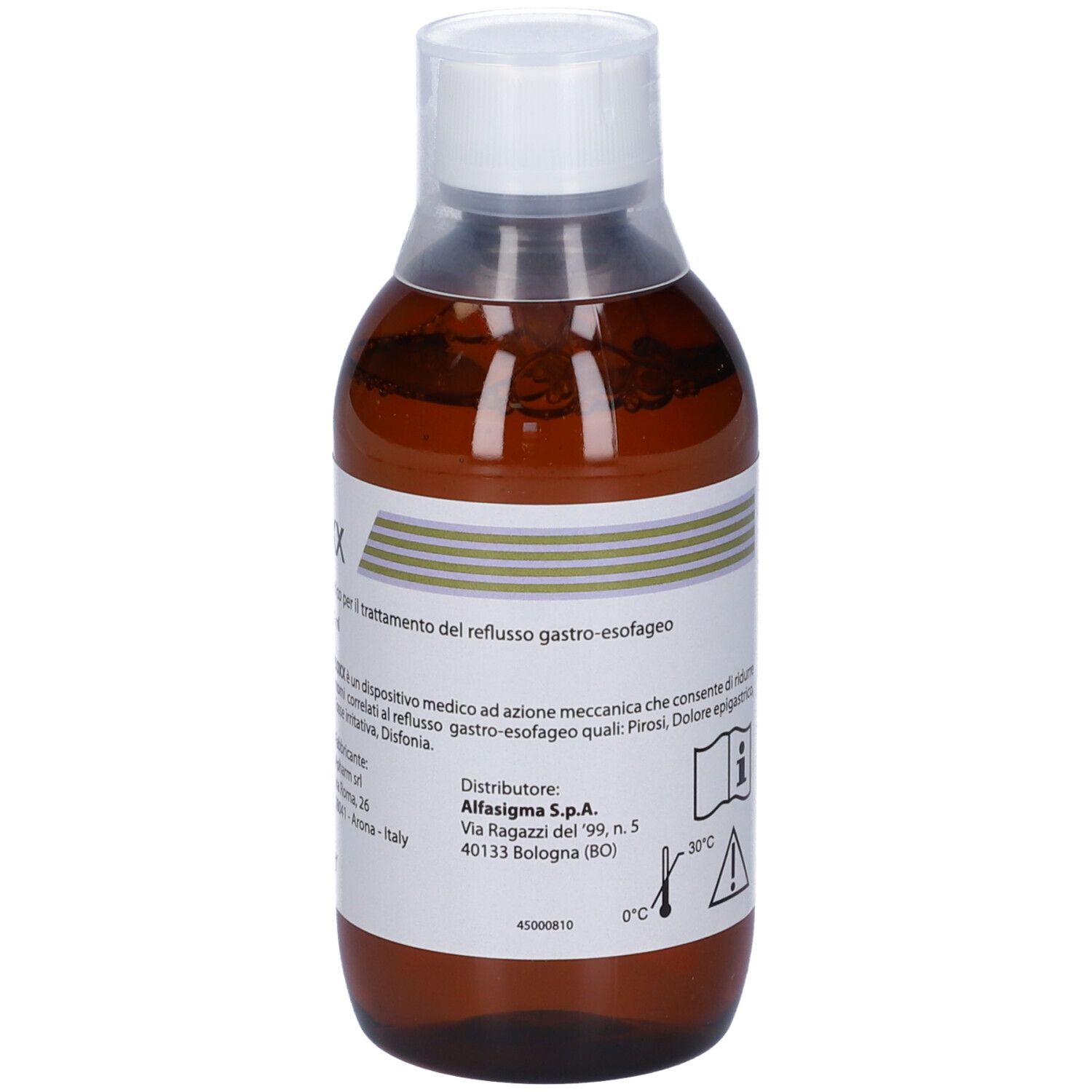 Flacone marrone con tappo bianco. Etichetta con informazioni. Marchio CE. Indicazione di temperatura.