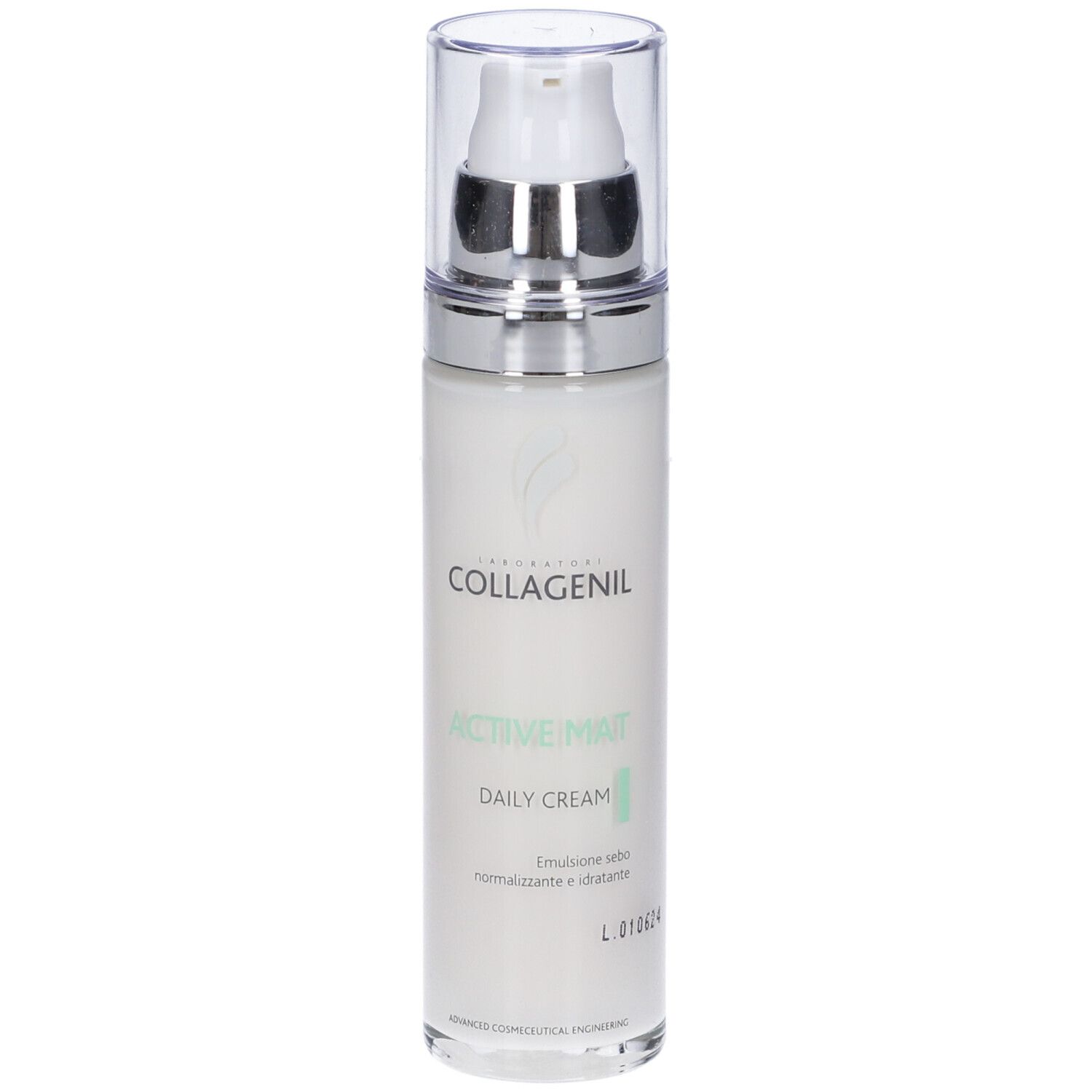 Creme-Flakon mit Pumpe. Marke Collagenil, Produkt Active Mat Daily Cream. Weißes Fläschchen mit silberner Pumpe.