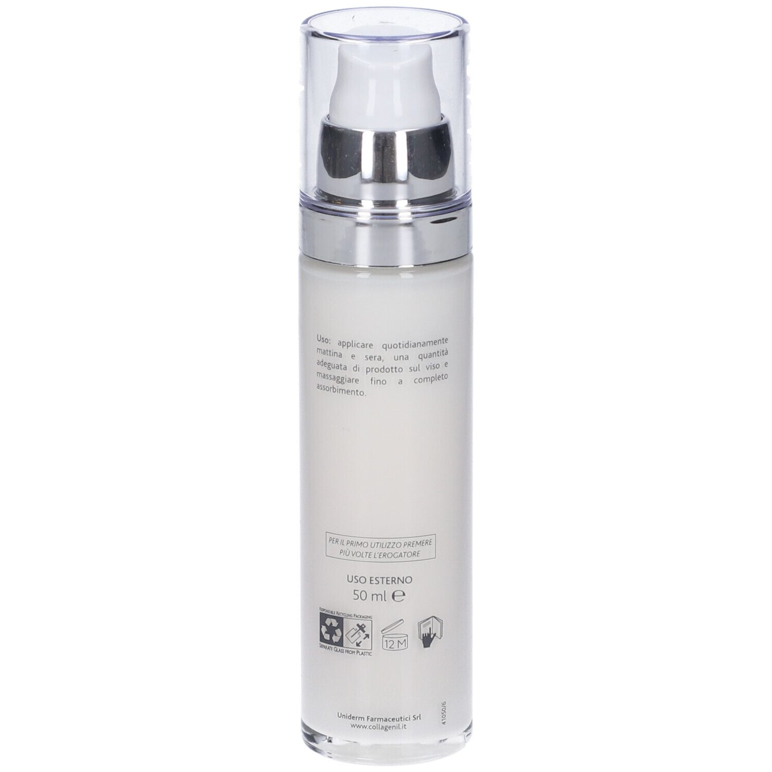 Rückseite des Creme-Flakons. Text: Uso Esterno, 50 ml. Recycling-Symbole. Marke Collagenil.
