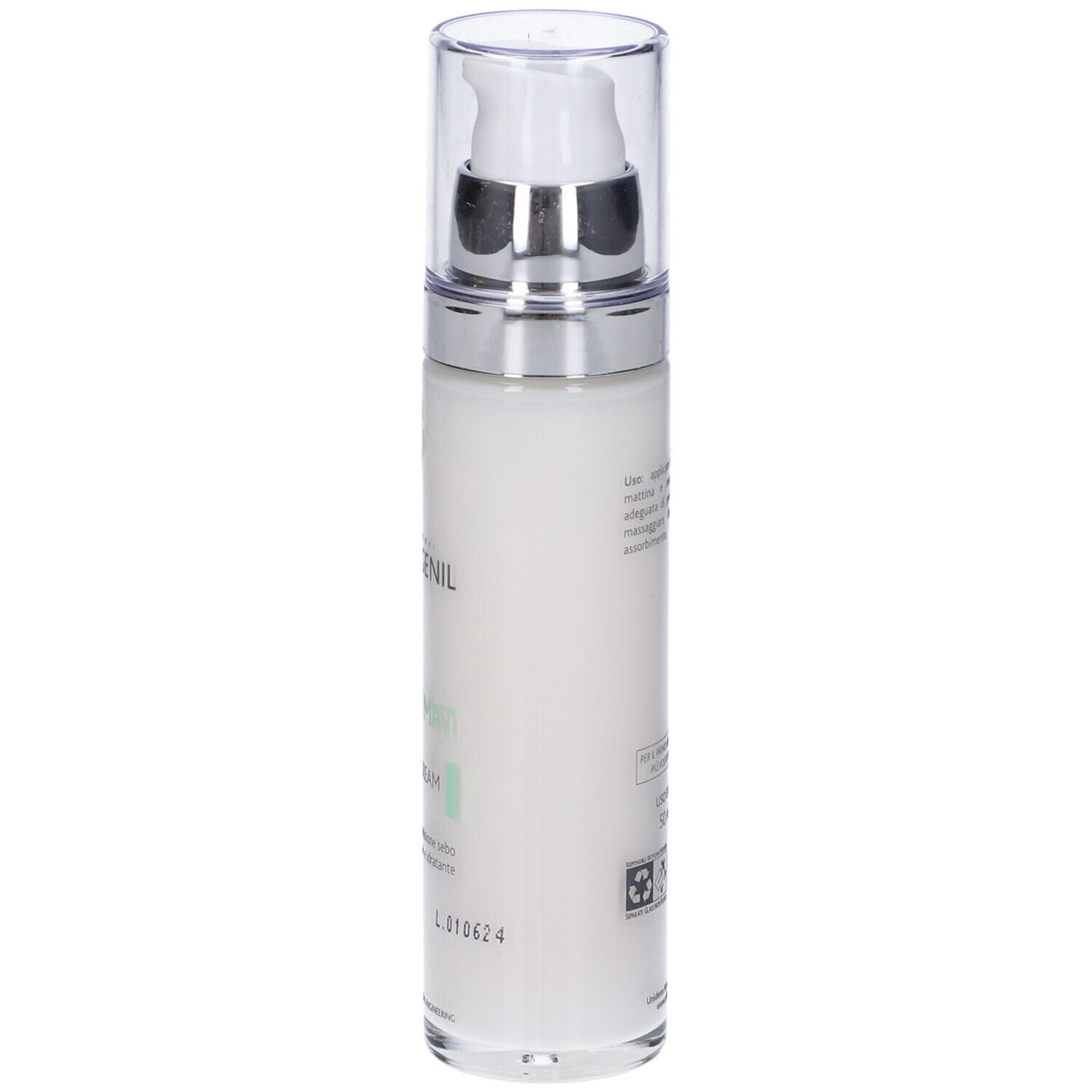 Creme-Flakon mit Pumpe. Marke Collagenil, Produkt Active Mat Daily Cream. Seitenansicht.