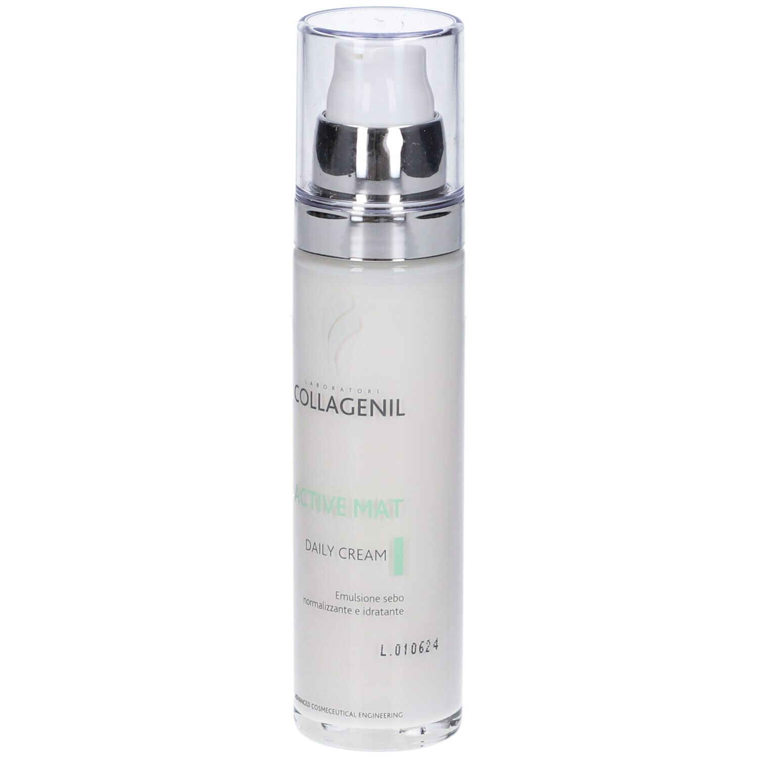 Creme-Flakon mit Pumpe. Marke Collagenil, Produkt Active Mat Daily Cream. Weißes Fläschchen mit silberner Pumpe.
