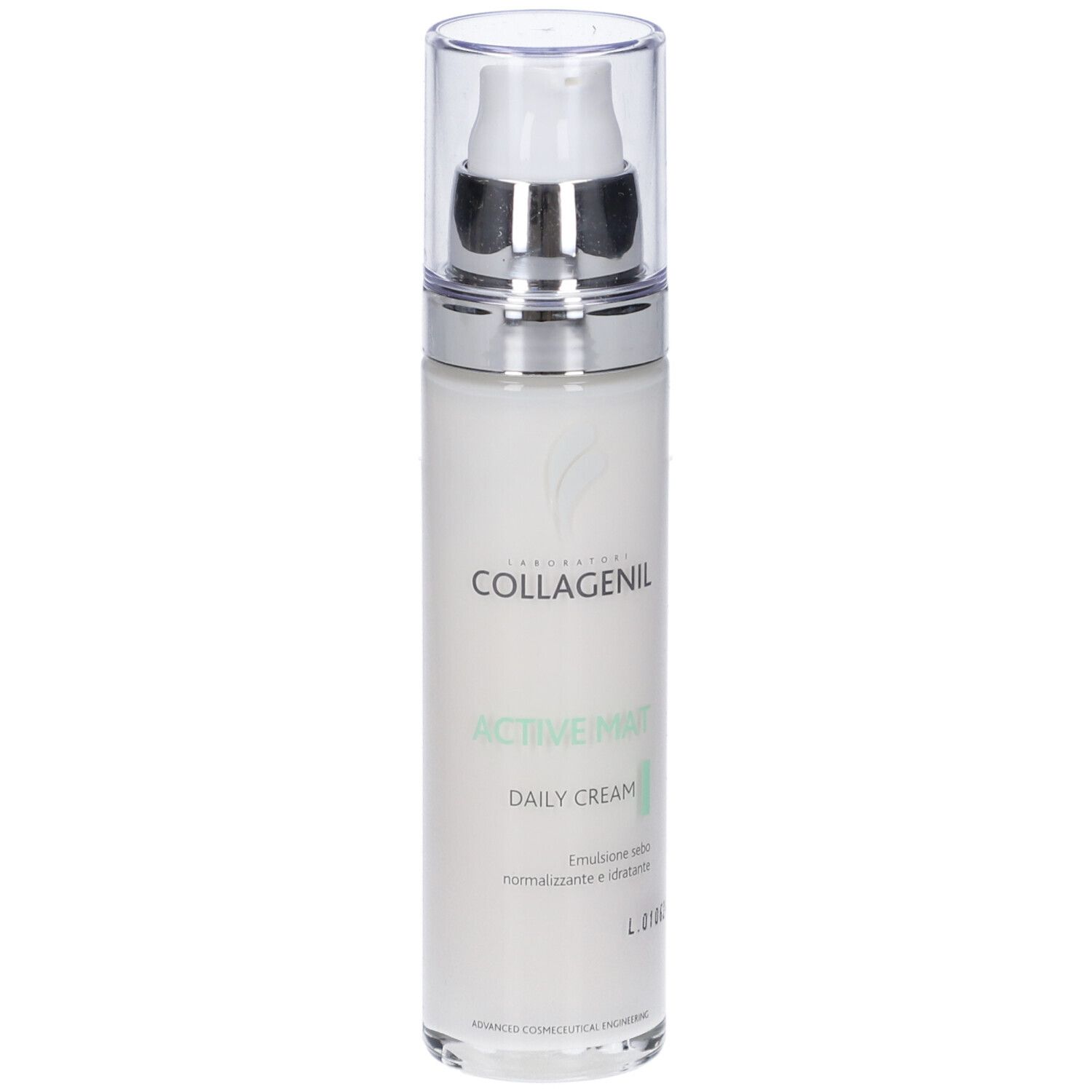 Creme-Flakon mit Pumpe. Marke Collagenil, Produkt Active Mat Daily Cream. Weißes Fläschchen mit silberner Pumpe.