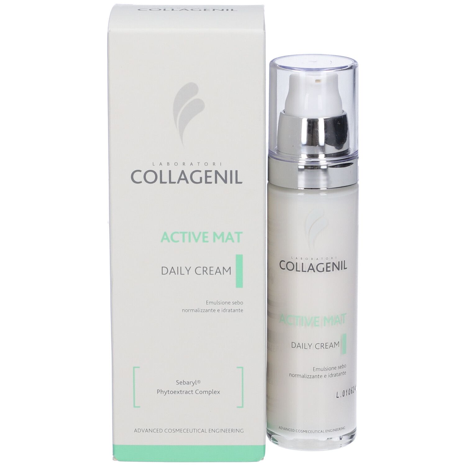 Creme-Flakon mit Pumpe und Verpackung. Marke Collagenil, Produkt Active Mat Daily Cream. Weißes Design.