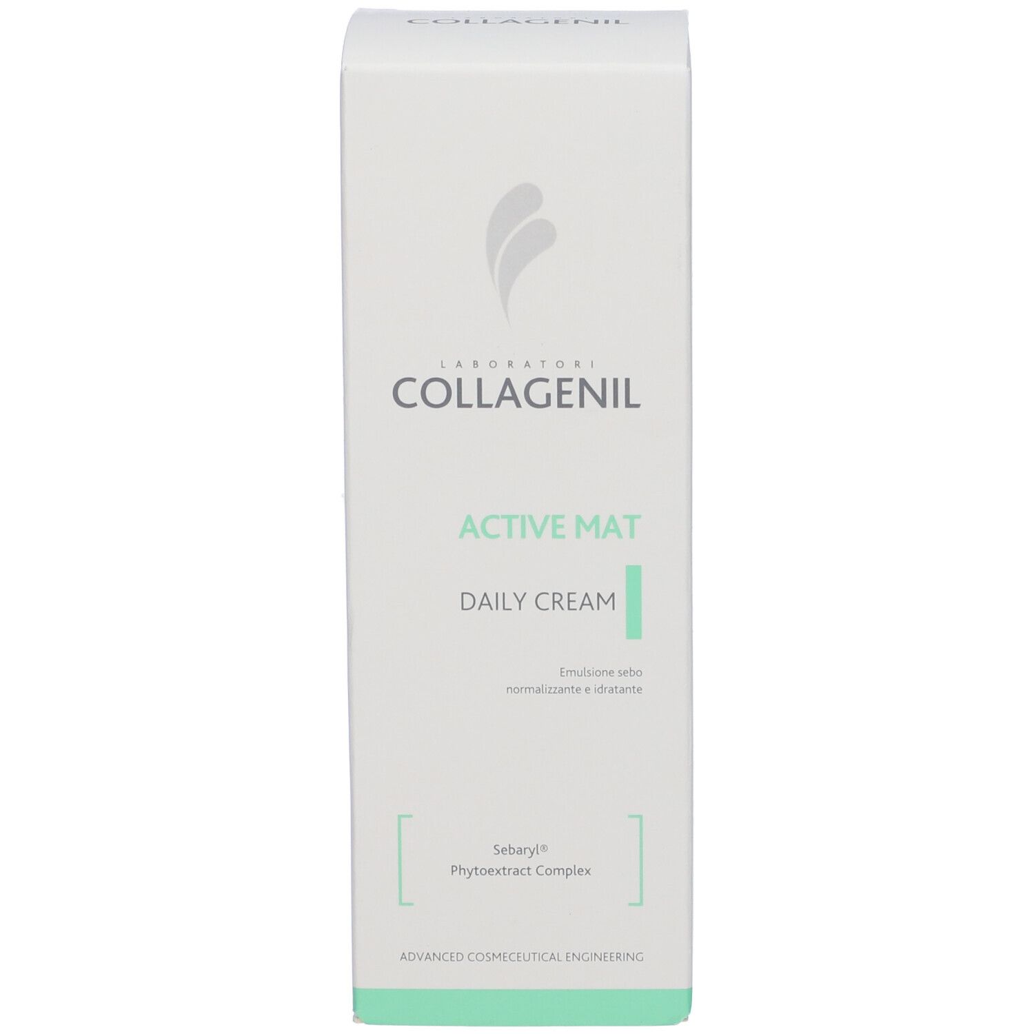 Verpackung für Creme. Marke Collagenil, Produkt Active Mat Daily Cream. Weißes Design mit Text.