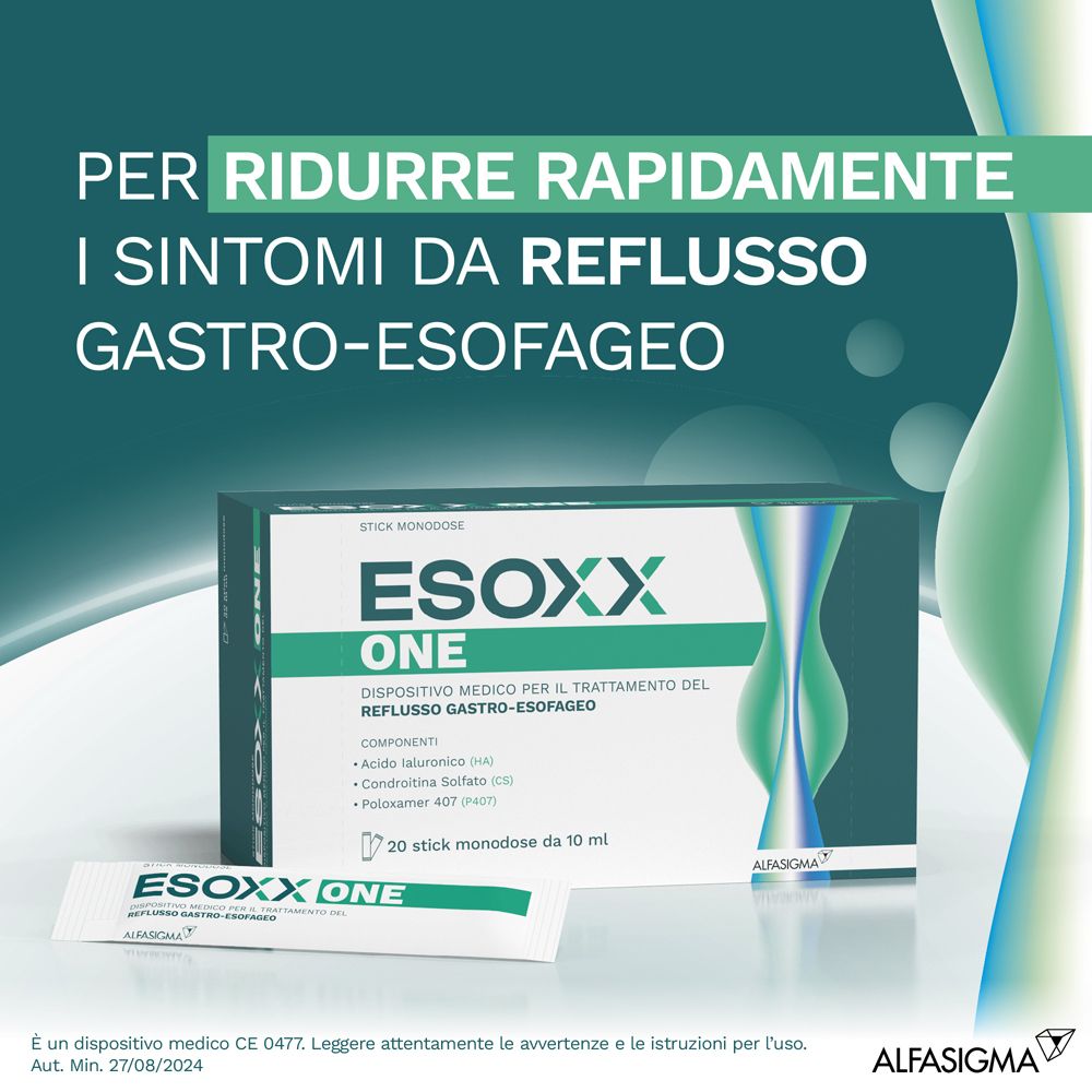 Esoxx One Packung mit 20 Monodosen à 10ml zur Linderung von Refluxsymptomen.