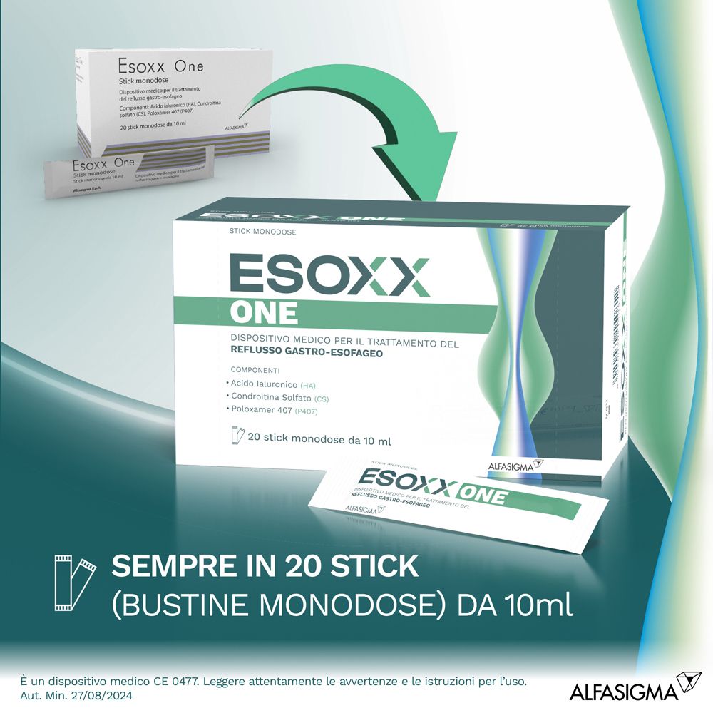 Esoxx One Packung mit 20 Monodosen à 10ml zur Linderung von Refluxsymptomen.