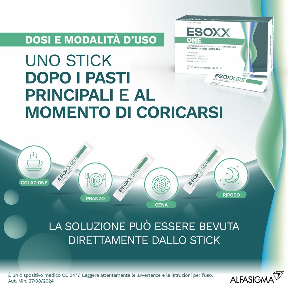Esoxx One Stick-Verpackung mit Anwendungsanleitung für Frühstück, Mittagessen, Abendessen und Ruhe.