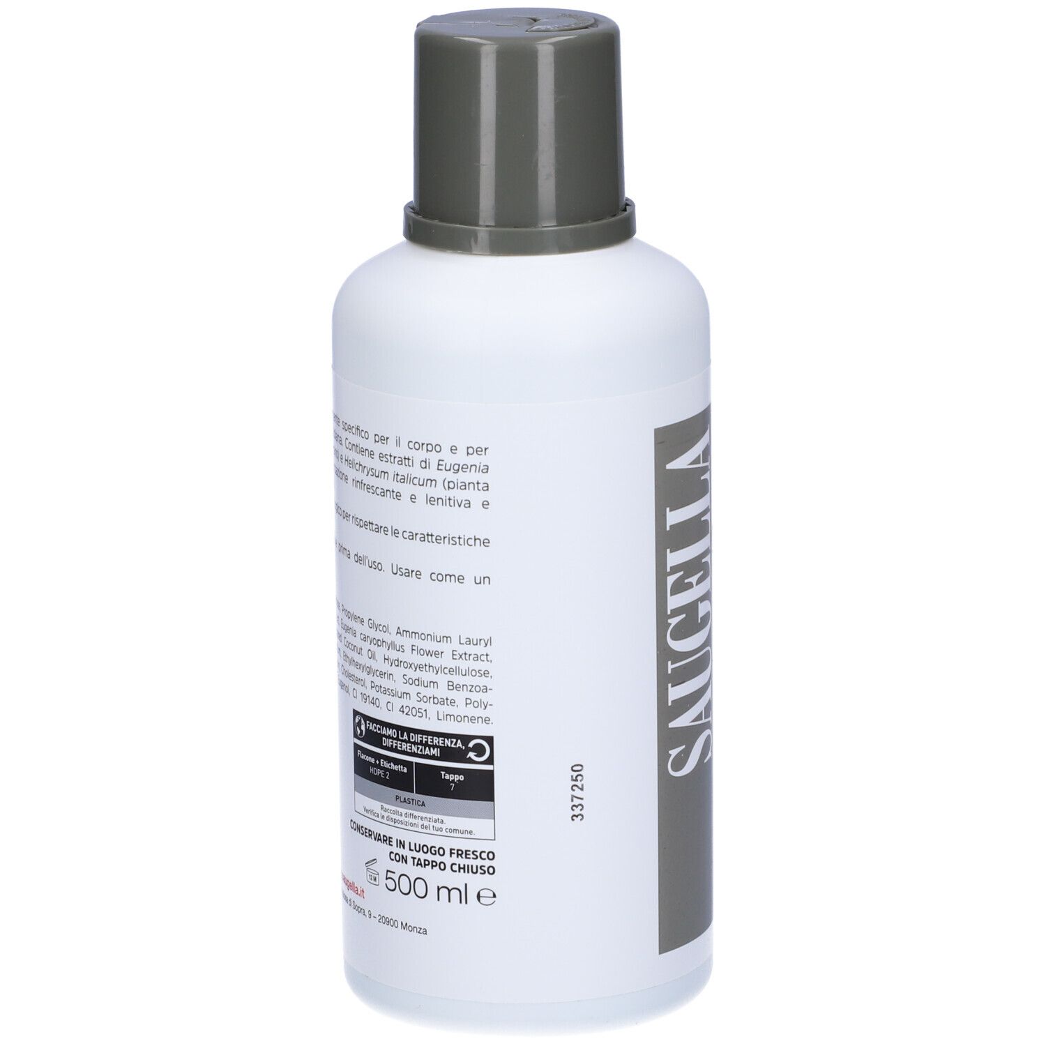 Flacone bianco con tappo grigio. Retro con testo e logo. Scritta Saugella. Volume: 500 ml.