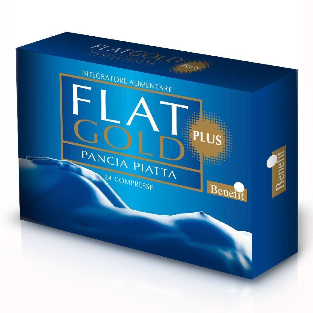 Scatola blu e oro. Testo: FLAT GOLD PLUS, 24 Compresse. Illustrazione: silhouette femminile. Marchio: Benefit.
