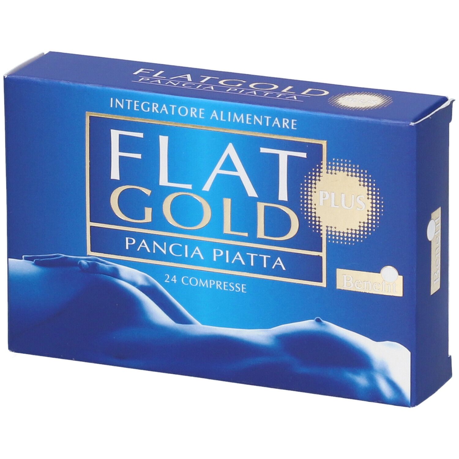 Scatola blu e oro. Testo: FLAT GOLD PLUS, 24 Compresse. Illustrazione: silhouette femminile.
