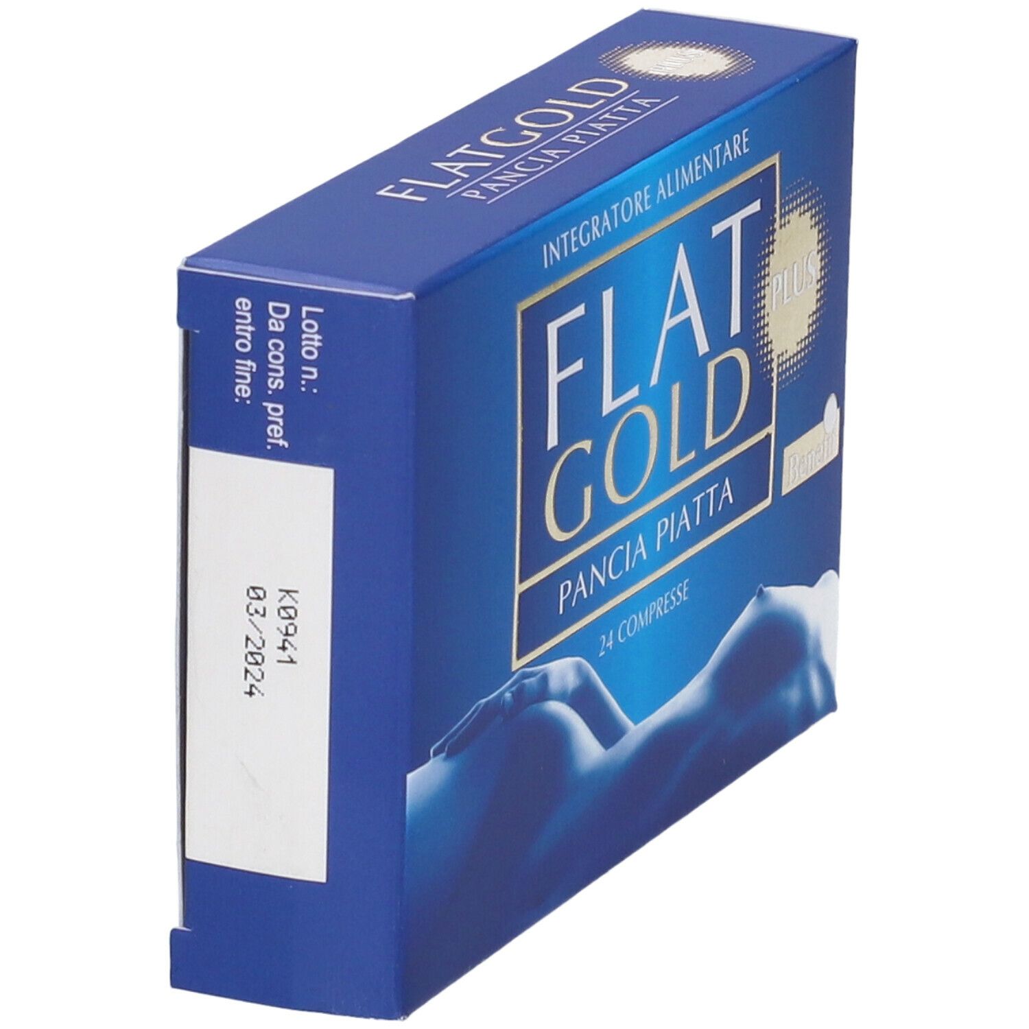 Scatola blu e oro. Testo: FLAT GOLD PLUS, 24 Compresse. Illustrazione: silhouette femminile. Adesivo con data.