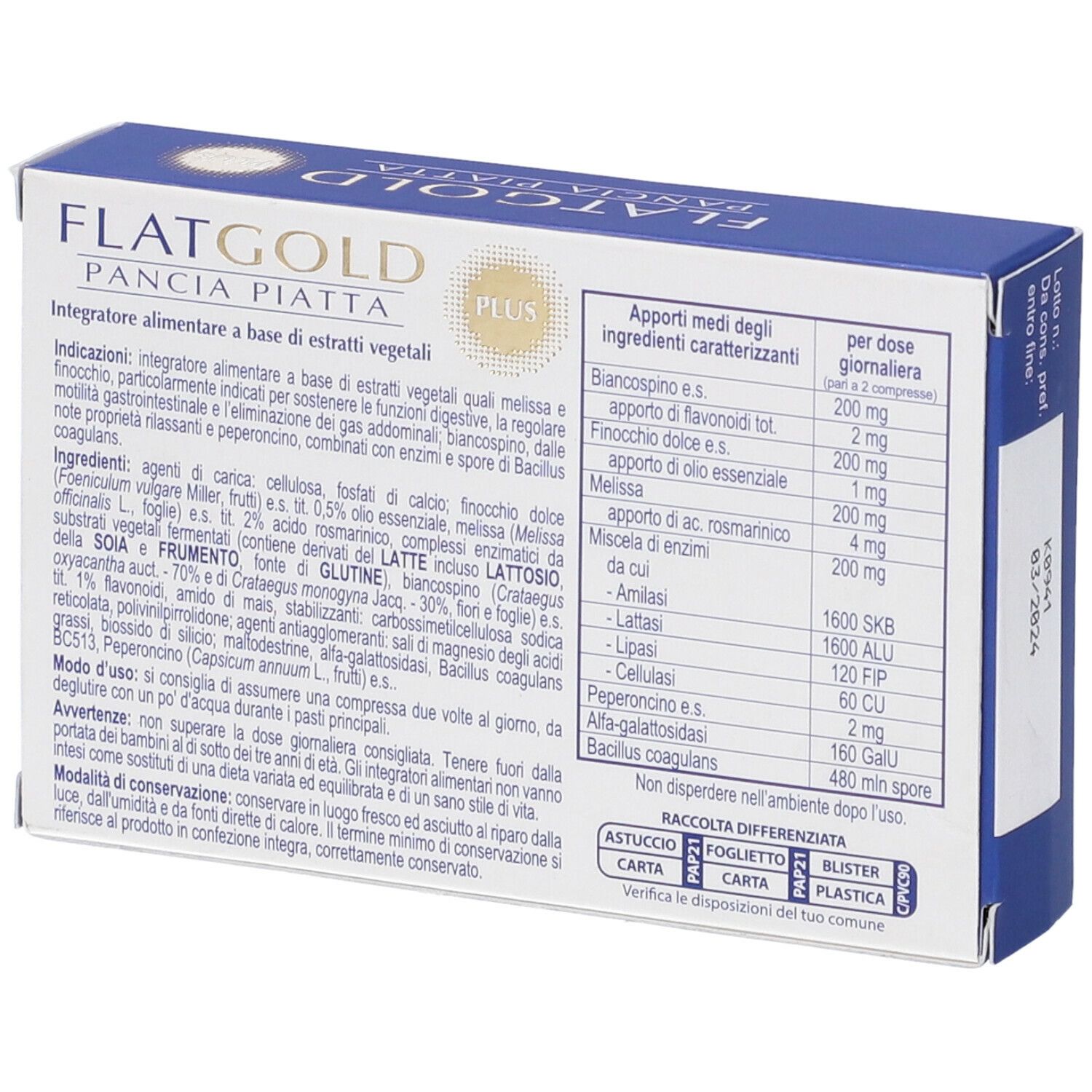 Retro della scatola. Testo: FLAT GOLD PLUS, ingredienti, informazioni nutrizionali. Tabella ingredienti.