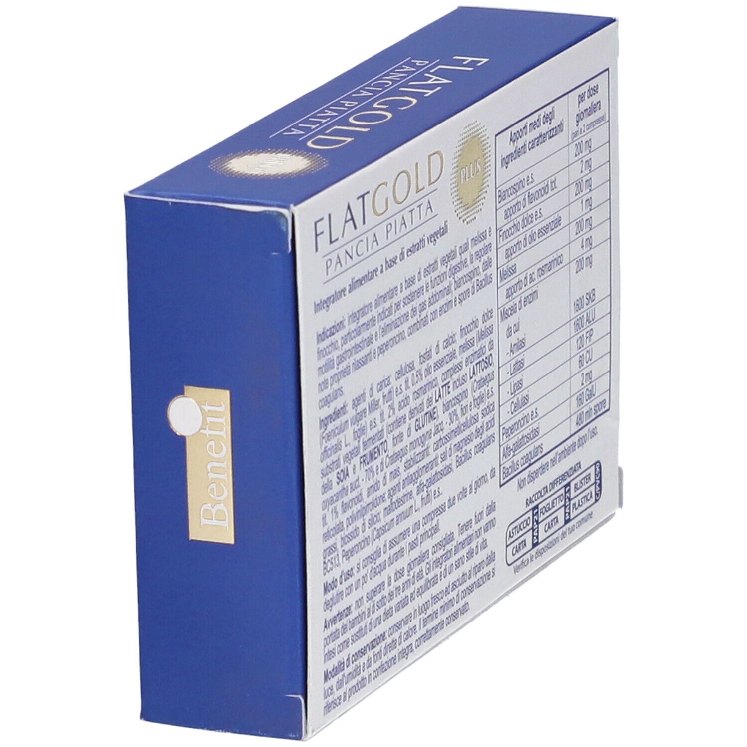 Retro della scatola. Testo: FLAT GOLD PLUS, ingredienti, informazioni nutrizionali. Tabella ingredienti.