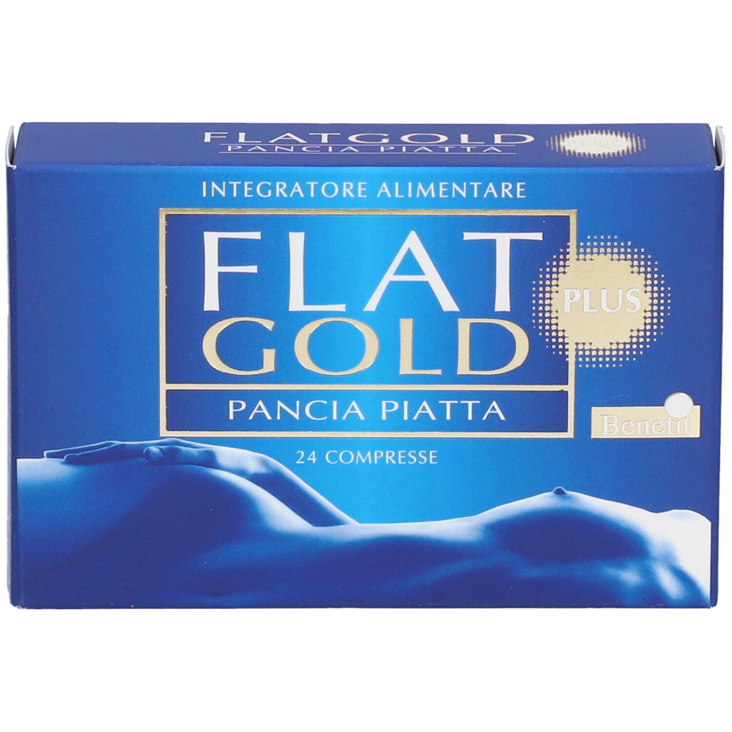 Scatola blu e oro. Testo: FLAT GOLD PLUS, 24 Compresse. Illustrazione: silhouette femminile. Marchio: Benefit.