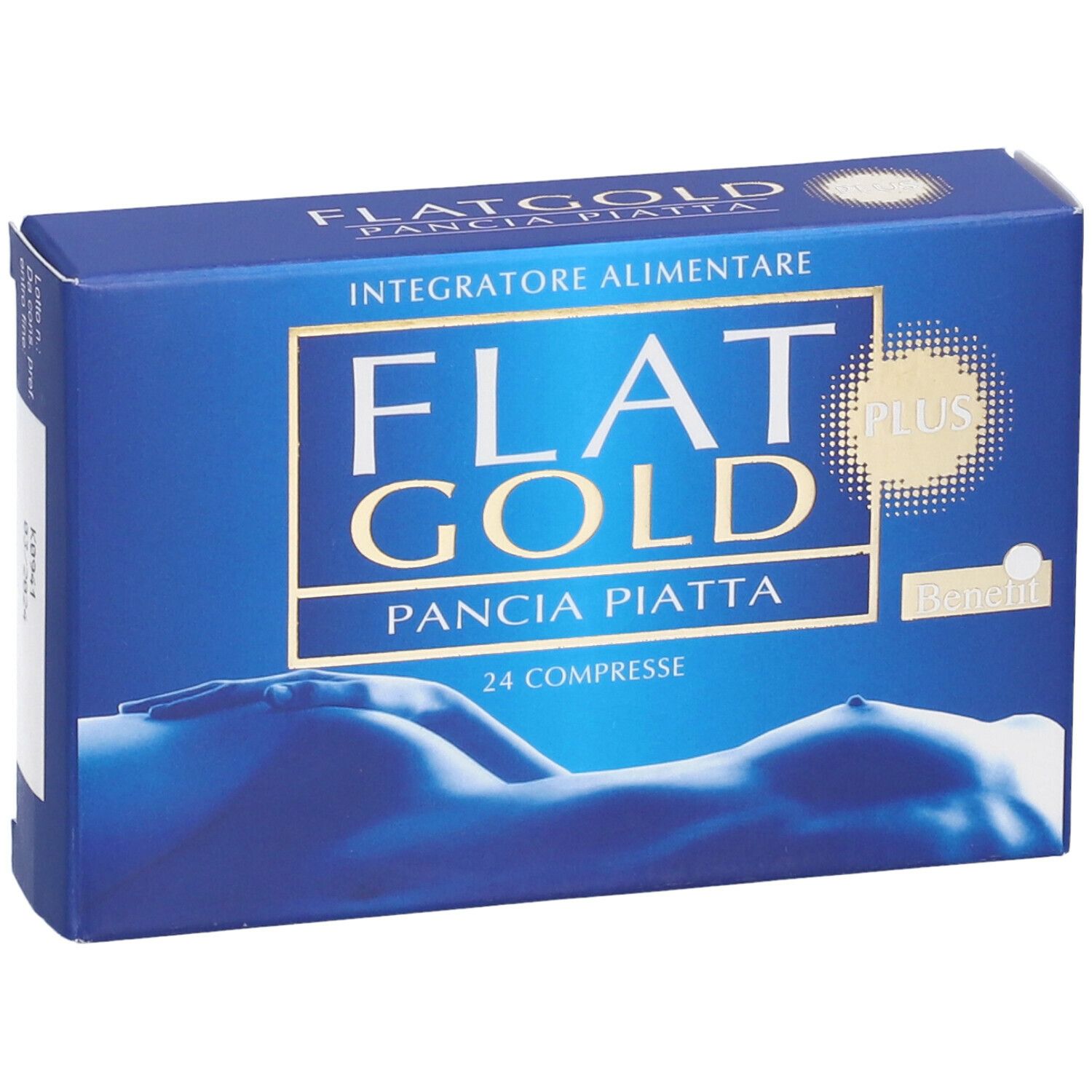 Scatola blu e oro. Testo: FLAT GOLD PLUS, 24 Compresse. Illustrazione: silhouette femminile. Marchio: Benefit.