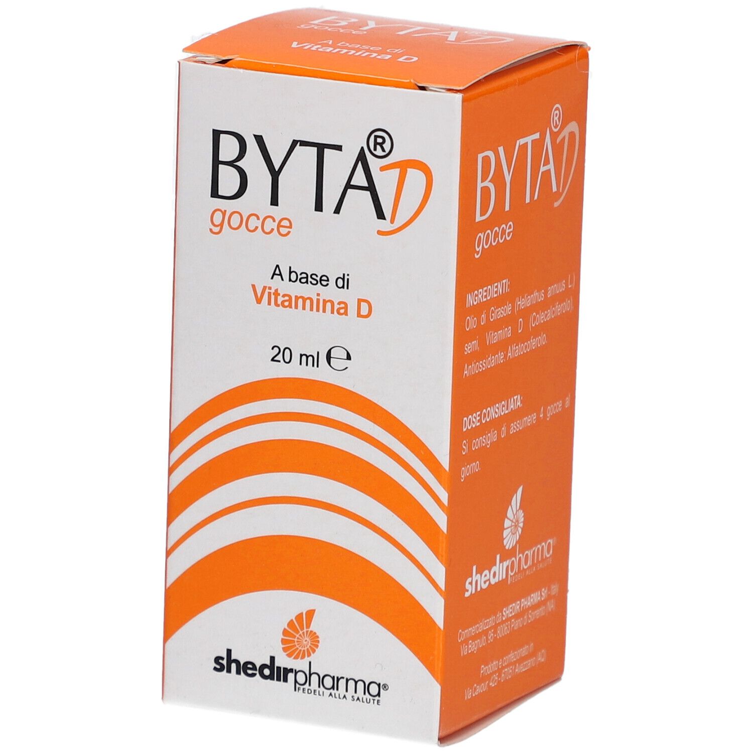 Schachtel mit Byta® D gocce. Orange-weißes Design. Enthält 20 ml. Marke Shedir Pharma.