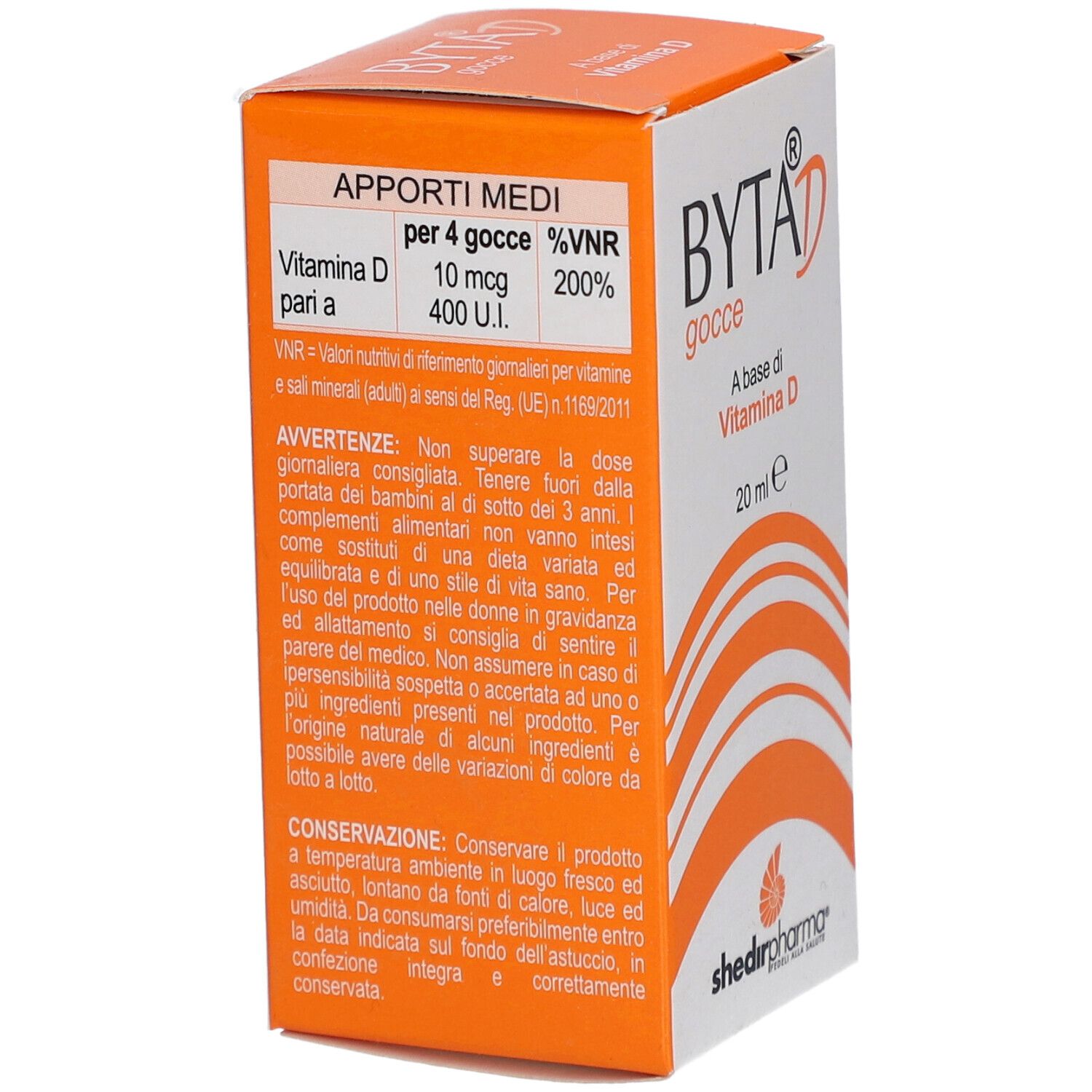 Rückseite der Byta® D gocce-Schachtel. Enthält Informationen zu Vitamin D. Marke Shedir Pharma.