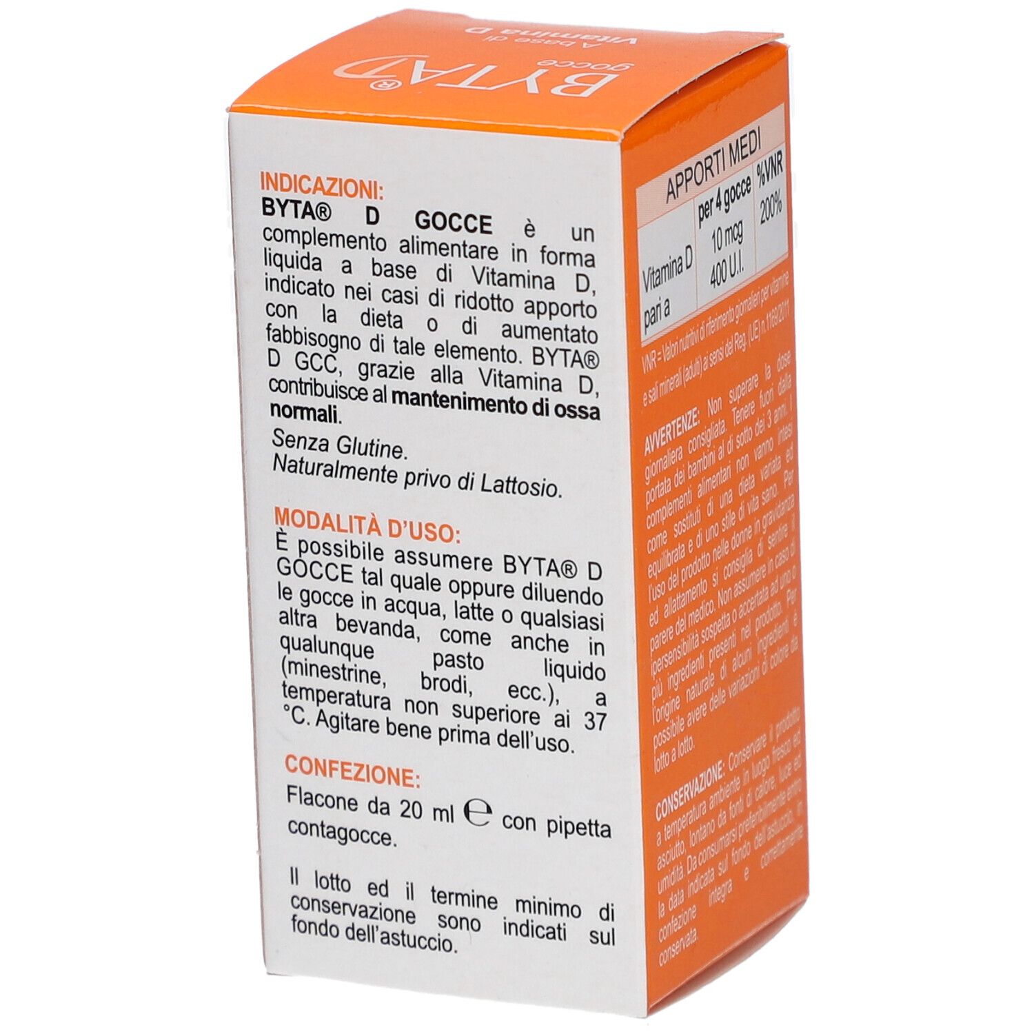 Seite der Byta® D gocce-Schachtel. Enthält Informationen zur Anwendung. Marke Shedir Pharma.