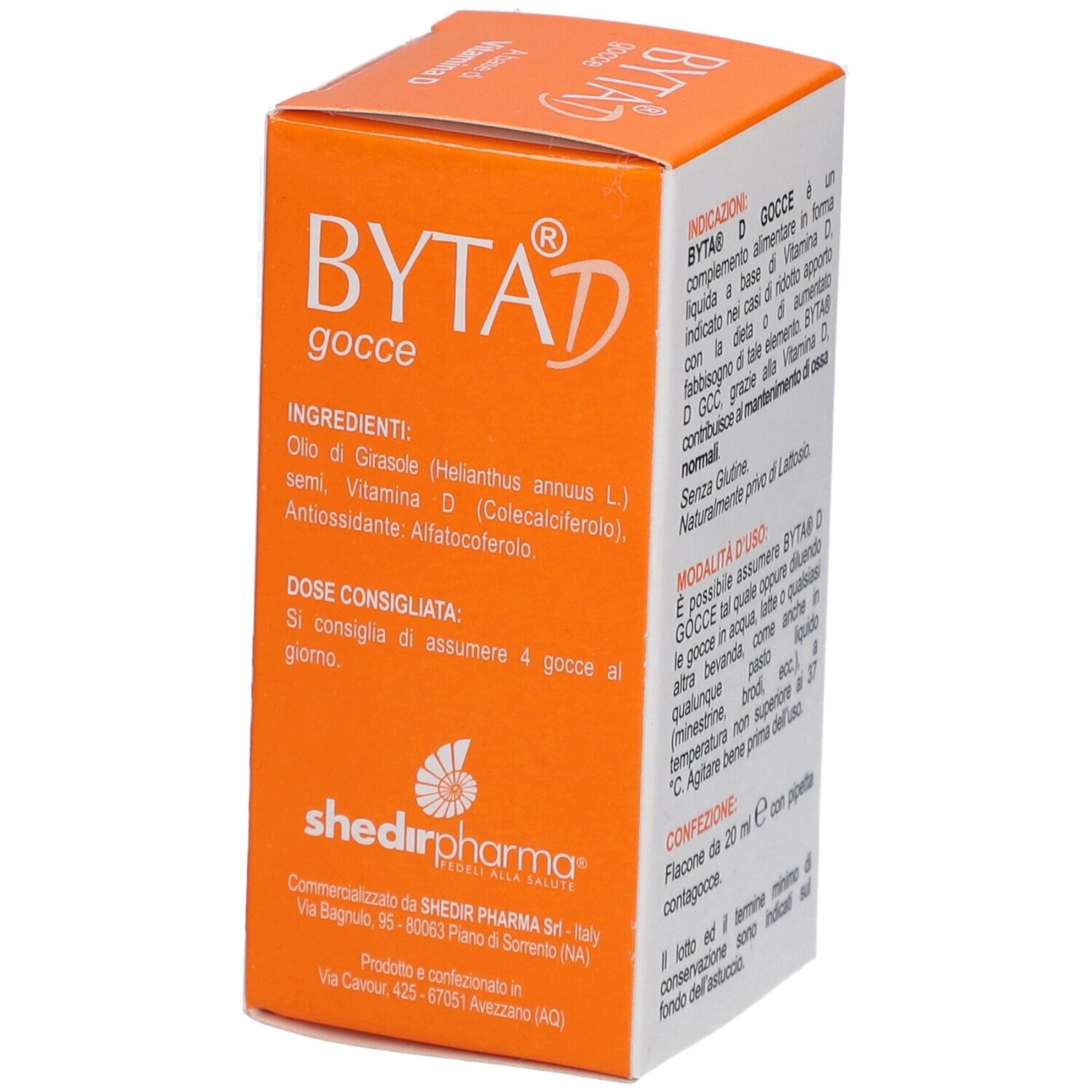 Seite der Byta® D gocce-Schachtel. Enthält Inhaltsstoffe und Dosierung. Marke Shedir Pharma.