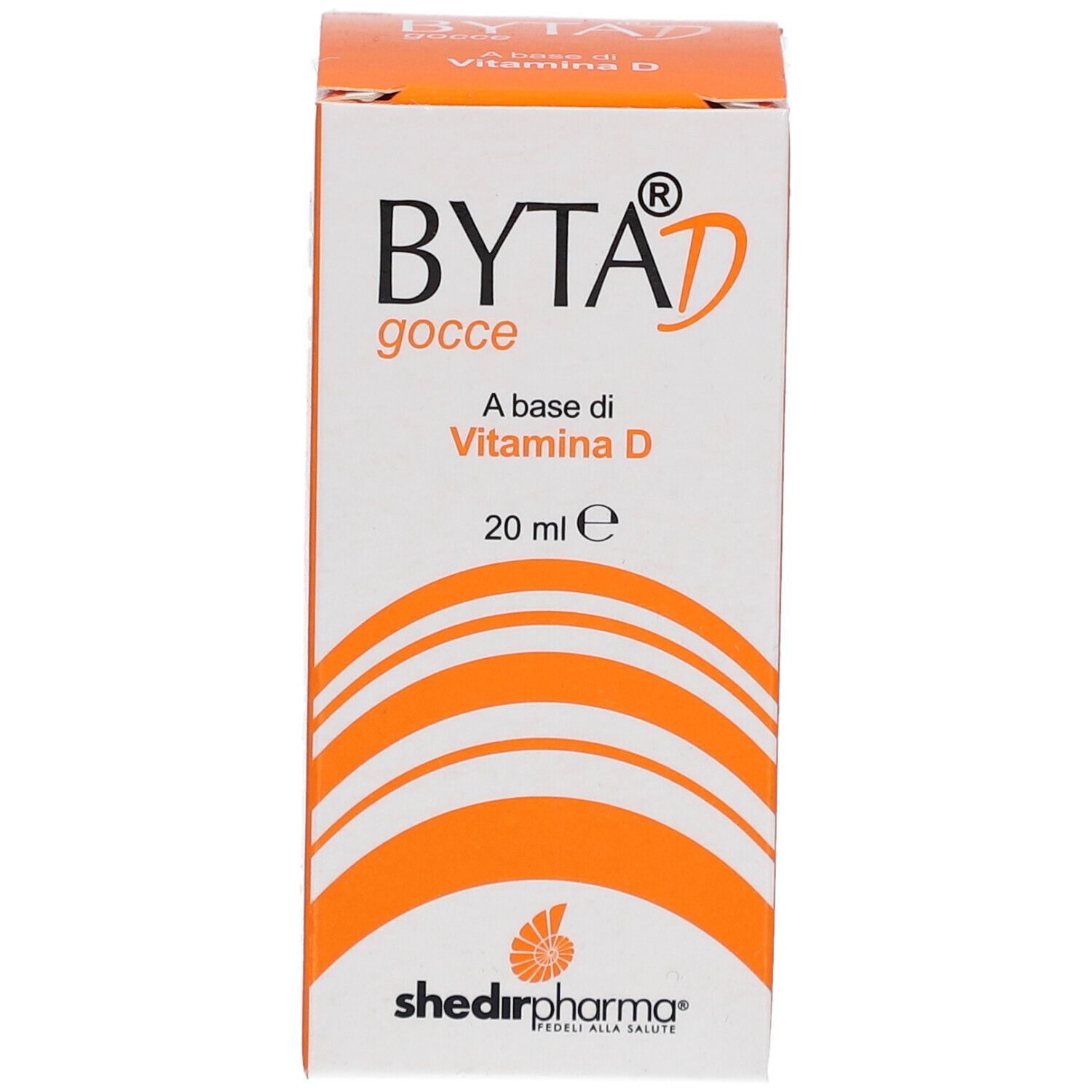Vorderseite der Byta® D gocce-Schachtel. Orange-weißes Design. Enthält 20 ml. Marke Shedir Pharma.