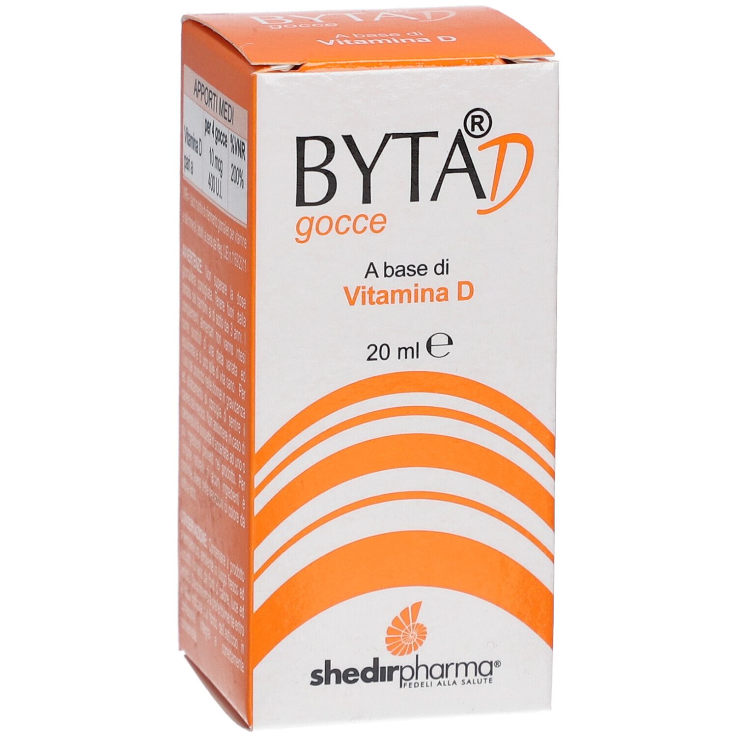 Vorderseite der Byta® D gocce-Schachtel. Orange-weißes Design. Enthält 20 ml. Marke Shedir Pharma.