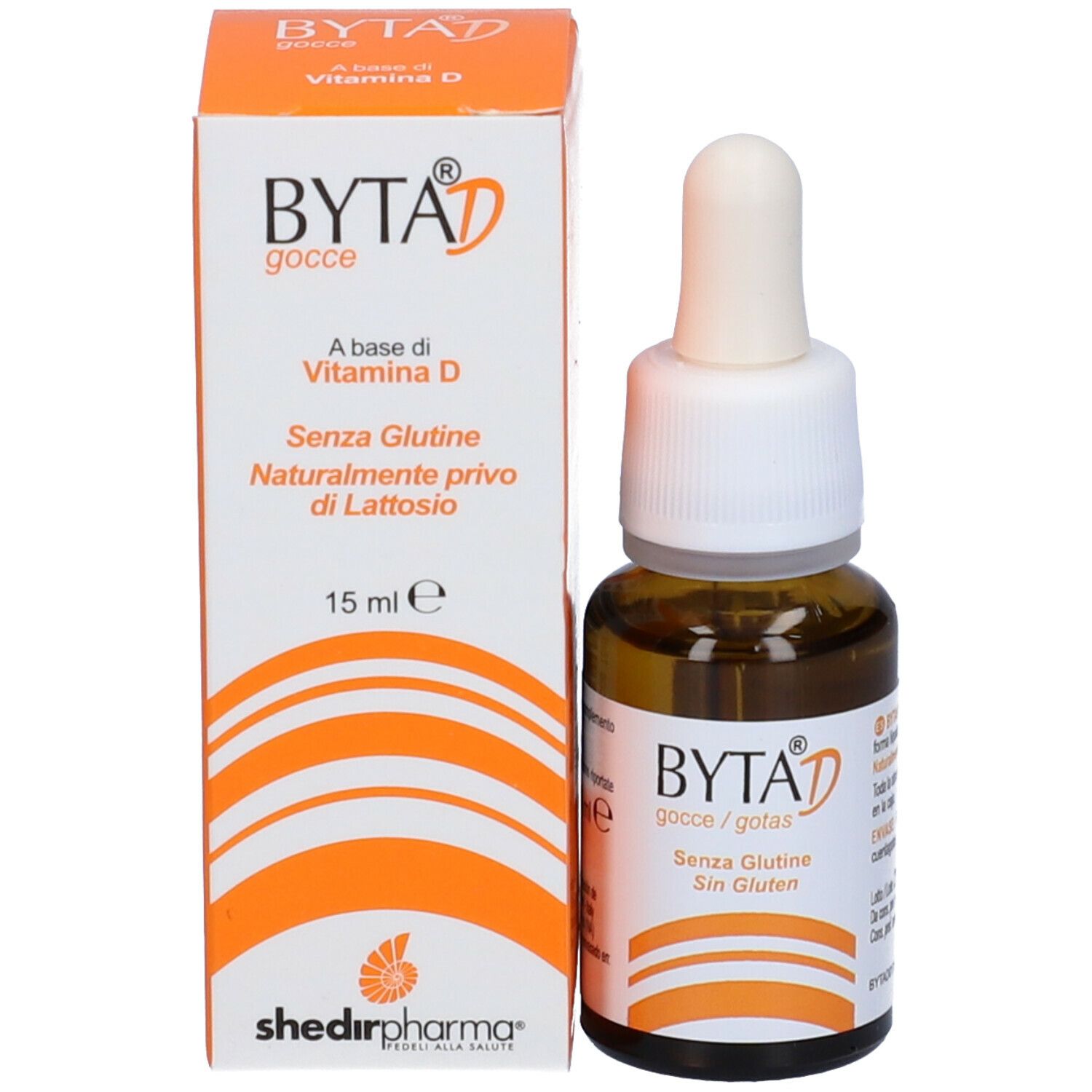 Byta® D gocce Flasche und Schachtel. Enthält 15 ml. Tropfflasche. Marke Shedir Pharma.