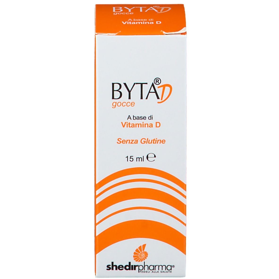 Byta® D gocce-Schachtel. Orange-weißes Design. Enthält 15 ml. Marke Shedir Pharma.
