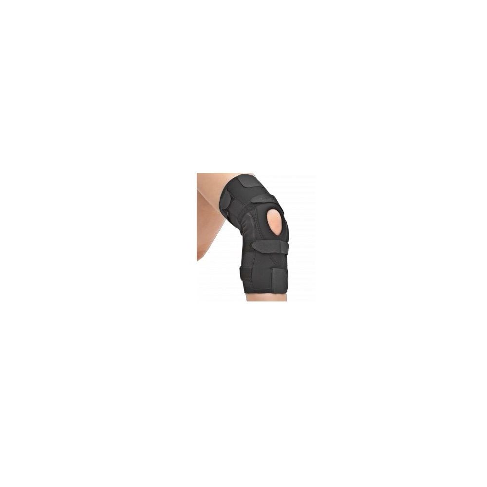 Tutore per ginocchio nero, indossato sulla gamba. Con giunti e chiusure in velcro. Mostra l'articolazione del ginocchio. Materiale sconosciuto.